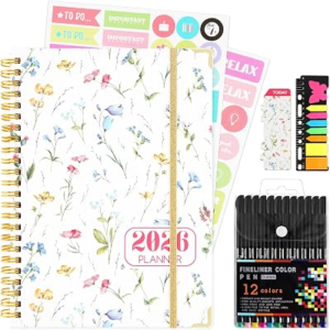 2026 Planner, Daily Weekly Monthly Planner with Tabs, 2026 monthly planner with Color Pen, Sticky Notes and Stickers, 6.2″ x 8.5″, Durable Twin Wire Binding, Storage Pocket – Floral Multicolor