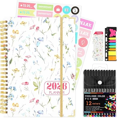 2026 Planner, Daily Weekly Monthly Planner with Tabs, 2026 monthly planner with Color Pen, Sticky Notes and Stickers, 6.2" x 8.5", Durable Twin Wire Binding, Storage Pocket - Floral Multicolor