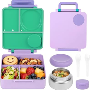 FOOYOO Bento Lunch Box Set for Kids & Adults, Leakproof 4-Compartment Container with Insulated Stainless Steel Food Jar, Utensils, BPA-Free, Microwave & Dishwasher Safe for School Work Travel（Purple）