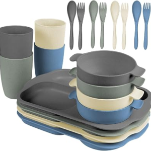 shopwithgreen Wheat Straw Dinnerware Cutlery Set, 20 PCS Kids Toddlers Divided Plates and Bowls
