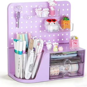 Comix Desk Organizer with 2 Drawer, Purple 360 Rotating Pen Holder for Desk | Desk Organizers and Accessories with 5 Slots Pencil Holder+Pegboard+Drawer, Pen Organizer for Home School Art Office Supplies