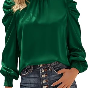 BTFBM High Neck Long Sleeve Satin Blouses for Women Dressy,Dark Green,S