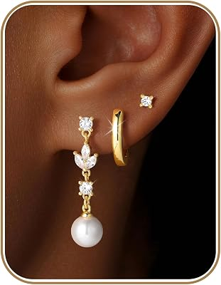 M MOOHAM 14K Gold Plated Pearl Drop Earrings