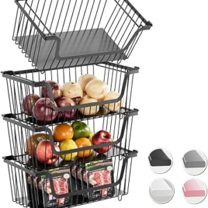 4 Pcs Stackable Wire Baskets Pantry Organizers and Storage Bins,Black