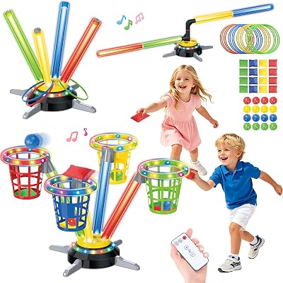 Bean Bag Ring Toss Game for Kids, 3-in-1 Carnival Musical Jumping Toy with LED Lights, Remote, Electric Spinning Base, Indoor & Outdoor Toys for Kids Ages 4-8, Backyard Sport Toy for Boys Girls