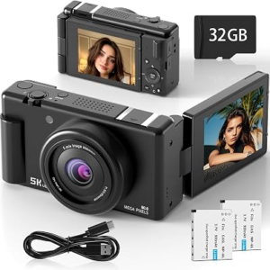 True 5K Digital Camera for Photography, 80MP Vlogging Camera for YouTube & Content Creators with 3″ 270° Flip Screen, 18X Digital Zoom & Autofocus, Includes 2 Batteries, 32GB Card