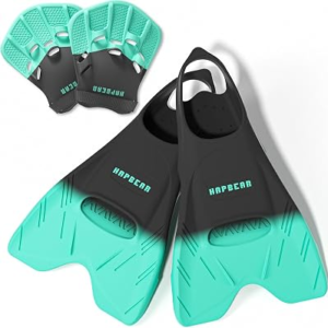 HAPBEAR Swim Fins with Hand Paddles for Kids, Youth & Adults – Adjustable Short Blade Swim Training Fins, Swimming Flippers Set for Lap Swimming, Technique, Strength & Endurance Training