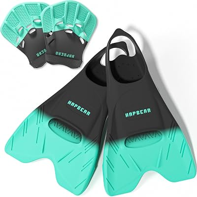 HAPBEAR Swim Fins with Hand Paddles for Kids, Youth & Adults – Adjustable Short Blade Swim Training Fins, Swimming Flippers Set for Lap Swimming, Technique, Strength & Endurance Training