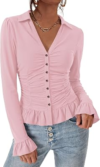 BTFBM Fitted Button Down Shirts for Women Dressy Casual Tops,Pink,S