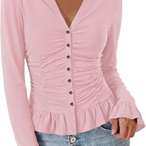 BTFBM Fitted Button Down Shirts for Women Dressy Casual Tops,Pink,S