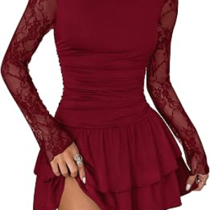 BTFBM Long Sleeve Wedding Guest Dress Casual Homecoming Dresses for Women Ruched Bodycon Mini Party Prom Fall Clothes(Wine Red,Medium)