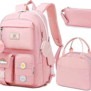 School Backpack For Girls – 6pcs Cute Girls Backpack With Lunch Box Set For Teens Women College Middle High School – 18″ School Bookbag Travel Back Pack