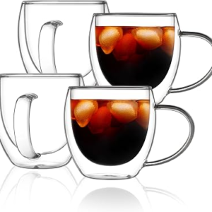 CNGLASS 12oz(4-pack) Double Walled Glass Coffee Mugs,Insulated Glass Mugs with Handle,Clear Espresso Cups for Latte,Cappuccino,Tea Bag