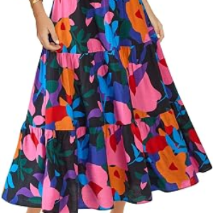 BTFBM Midi Skirts for Women 2026 Summer Boho Floral Skirt,S,Black