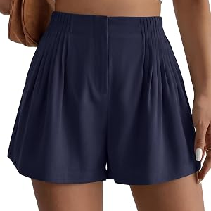BTFBM Womens Shorts Casual 2026 Spring Summer Elastic High Waisted Pleated Cotton Shorts Beach Vacation Outfits Pockets(Navy Blue,