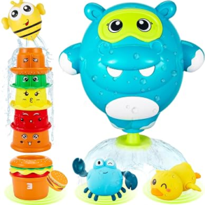 EKU Hippo Bath Toys for Kids Ages 18months+ Toddler with Burger Stacking Cups Swimming Duck Crab Bath Time Water Play Toys Bathtub Toys