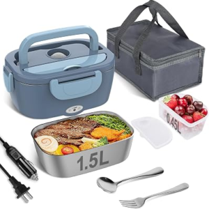 Vabaso Electric Lunch Box Food Heater, Electric Heating Lunch Boxes Lunch for Adults/Men/Truck/Car/Work, 80W 1.5L Removable 304 Stainless Steel Container, 110V/12V/24V, with Fork & Spoon