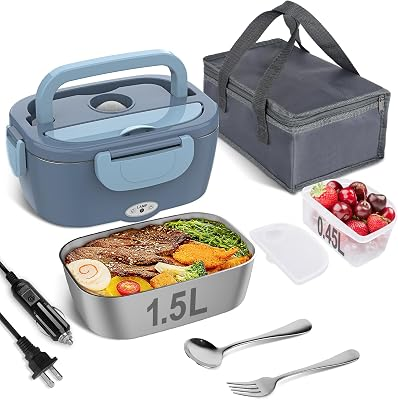 Vabaso Electric Lunch Box Food Heater, Electric Heating Lunch Boxes Lunch for Adults/Men/Truck/Car/Work, 80W 1.5L Removable 304 Stainless Steel Container, 110V/12V/24V, with Fork & Spoon