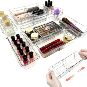 Glowspire 14 PCS Adjustable Clear Drawer Organizer Set – 3-Size Acrylic Storage Boxes for Makeup, Stationery, Kitchen Utensils, Tools & Bedroom Dresser Organization