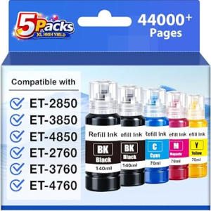 Compatible Ink Refill Bottles Replacement for EPSON 502 Ink Refill Bottles High Capacity, Work with Epson EcoTank ET-2850 ET-3850 ET-4850 ET-15000 ET-3760 ET-2760 Printers (5-Pack,2BK,CMY)
