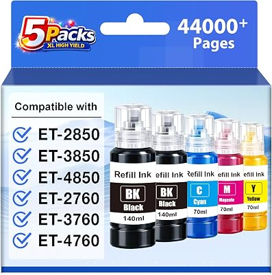 Compatible Ink Refill Bottles Replacement for EPSON 502 Ink Refill Bottles High Capacity, Work with Epson EcoTank ET-2850 ET-3850 ET-4850 ET-15000 ET-3760 ET-2760 Printers (5-Pack,2BK,CMY)