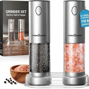 ThermoMaven Upgraded Larger Capacity Electric Salt and Pepper Grinder Set, 110ml Rechargeable Salt and Pepper Shaker with LED Light, Stainless Steel Automatic Pepper Mill with 6 Adjustable Coarseness