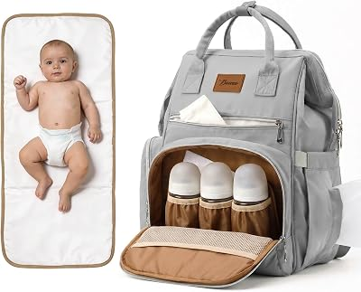 Large Diaper Bag for Mom: 27 Liters with Changing pad - Insulated Lightweight Travel Backpack for Organizing Baby Boy & Girl Essentials - Grey