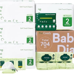 PurComfy Baby Diapers and Wipes Kit, Size 2, Baby Wipes, Baby Dry Wipes | Includes Size 2 (192Ct), 6 Pack (360Ct) Baby Wipes, 2 Pack (120Ct) Dry Wipes, 4 Pack Tavel Wipe, Total 704 Ct, Plant Based