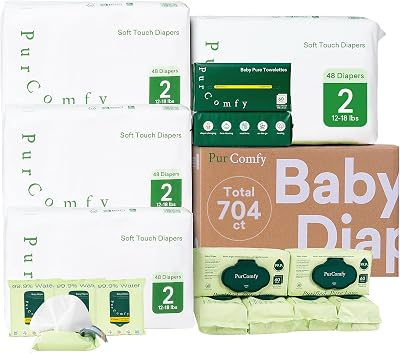 PurComfy Baby Diapers and Wipes Kit, Size 2, Baby Wipes, Baby Dry Wipes | Includes Size 2 (192Ct), 6 Pack (360Ct) Baby Wipes, 2 Pack (120Ct) Dry Wipes, 4 Pack Tavel Wipe, Total 704 Ct, Plant Based