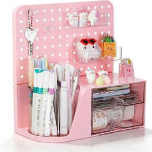 Comix Desk Organizer with 2 Drawer, Pink 360° Rotating Pen Holder for Desk | Desk Organizers and Accessories with 5 Slots Pencil Holder+Pegboard+Drawer, Pen Organizer for Home School Art Office Supplies