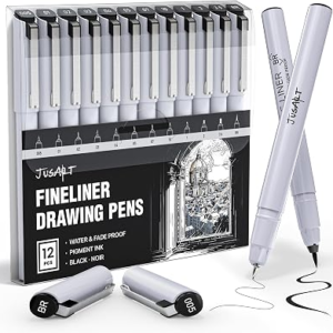 JusArt Fineliner Pens, Ultra Fine, Fine, Brush & Chisel, 12 Sizes