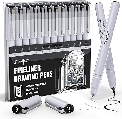 JusArt Fineliner Pens, Ultra Fine, Fine, Brush & Chisel, 12 Sizes