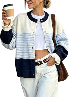 FOMELY Womens Striped Puff Sleeve Knit