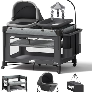 Pamo Babe Pack and Play with Bassinet – 7 in 1 One-Step Setup Bedside Crib, Portable Playpen, Travel Crib, Baby Playard with Diaper Changing Station, Toy Bar & Large Storage Bag