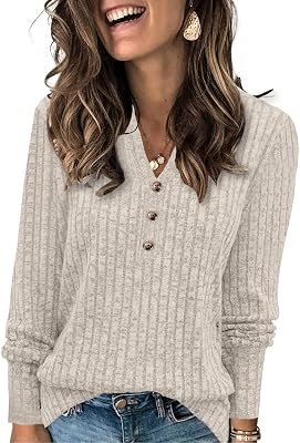 Womens Sweaters Henley Neck Long Sleeve Pullover Tops