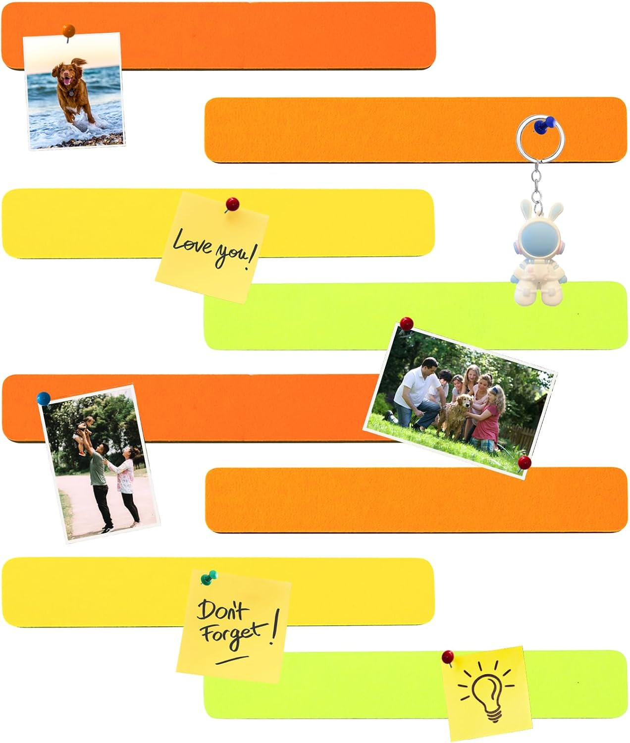 HULAVO 8Pcs Rectangle Felt Cork Board Bar Strips with 35 Pushpins, Self-Adhesive Bulletin Board Strips for Office School Home Wall Decor Stickers Memos Schedules Photos Display -Gradual Orange