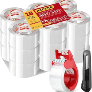 Heavy Duty Packing Tape for Moving Boxes and Packaging Supplies, 6/12/18/24 Rolls Clear Moving Tape with Dispenser and Utility Knife, 1.89in. X65yd, Mailing and Moving Supplies (18)