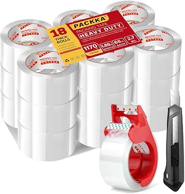 Heavy Duty Packing Tape for Moving Boxes and Packaging Supplies, 6/12/18/24 Rolls Clear Moving Tape with Dispenser and Utility Knife, 1.89in. X65yd, Mailing and Moving Supplies (18)