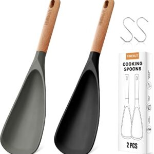 Silicone Cooking Spoons with Wood Handle S-Hooks 2-Pack