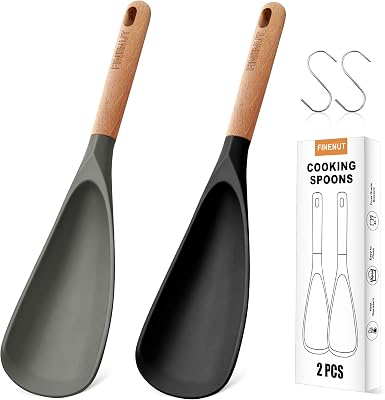 Silicone Cooking Spoons with Wood Handle S-Hooks 2-Pack