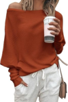 Zenlonr Womens Off The Shoulder Sweater Knit Pullovers Tops,Orange,S