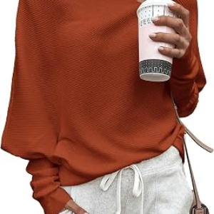 Zenlonr Womens Off The Shoulder Sweater Knit Pullovers Tops,Orange,S