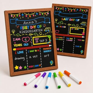 First and Last Day of School Sign Board with Pine Wood Frame & 6 Erasable Color Markers – 10×12 Inch Double Sided Back to School Chalkboard Photo Prop, Reusable Dry Erase Milestone Keepsake