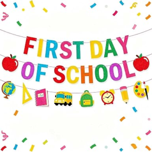 yuboo First Day Of School Banner Garland, Pre-Strung Back to School Classroom Decorations, Teacher Supplies for Kindergarten Preschool Elementary First Day Photo Sign (Glitter Letter)