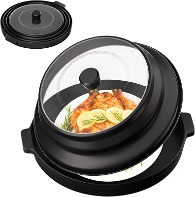 2 in 1 Microwave Splatter Cover for Food with Anti-scald Base Plate, Large Plastic & Silicone Collapsible Vented Food Guard Lid, Plate Holder & Kitchen Colander (Black)
