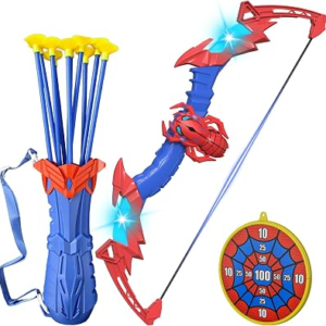 Kids Bow and Arrow Set, Archery Toy Set, Birthday Gift for Boys Ages 3-12 | Spider Toys for Boys, LED Light Up, 10 Suction Cup Arrows, with Target & Quiver
