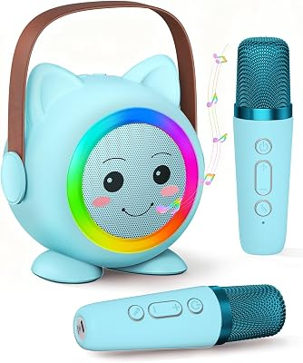 Mini Karaoke Machine Toy for Kids, 2 Wireless Mics, Girl Gift, Blue | kids microphone toy with magic effects, LED lights, Bluetooth 5.3, 360 stereo sound, girl birthday gift Christmas ages 3-12