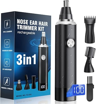 Nose Hair Trimmer for Men, 3-in-1 Professional Painless Rechargeable Eyebrow & Facial Hair Trimmer for Men Women, Multifunctional Trimmer with Powerful Motor and Dual-Edge Blades, IPX7 Water