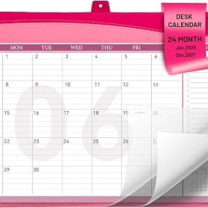 FLYING EAGLE 2026-2027 Desk Calendar, 24 Months Large Leather Desktop Calendar with To-Do Lists, Desk Pad Wall Calendar with Pockets PVC Cover for Work Office Home,Jan 2026-Dec 2027,17 x 12, Pink