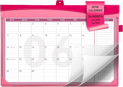 FLYING EAGLE 2026-2027 Desk Calendar, 24 Months Large Leather Desktop Calendar with To-Do Lists, Desk Pad Wall Calendar with Pockets PVC Cover for Work Office Home,Jan 2026-Dec 2027,17 x 12, Pink